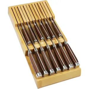 Bamboo Kitchen Drawer Knife Block In-drawer Knife Holder Knife Drawer Organizer fit for 13 knives