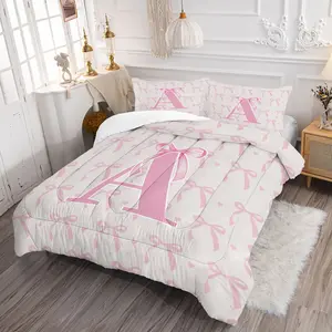 2/3Pcs Pink Bow Printed Comforter Set, Creative A-Z Alphabet Bedding Sets, Kawaii Style Home Decor, Comfortable and Warm for All Seasons, Perfect for Bedroom and Dormitory, Girls Holiday Gift, Pillowcase Not Included, Quilt Bedding Set