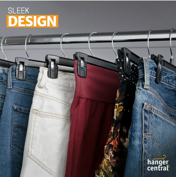Hanger Central 10 Pack Heavy Duty Plastic Bottoms Hangers with Ridged Pinch Clips Pants Hangers, 12 Inch, Black