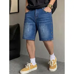 Men's Blue Denim Shorts with Side Rivet Detail, High Cotton Content Classic Bermuda Shorts, Casual Streetwear Shorts for Men, Comfortable Loose Fit