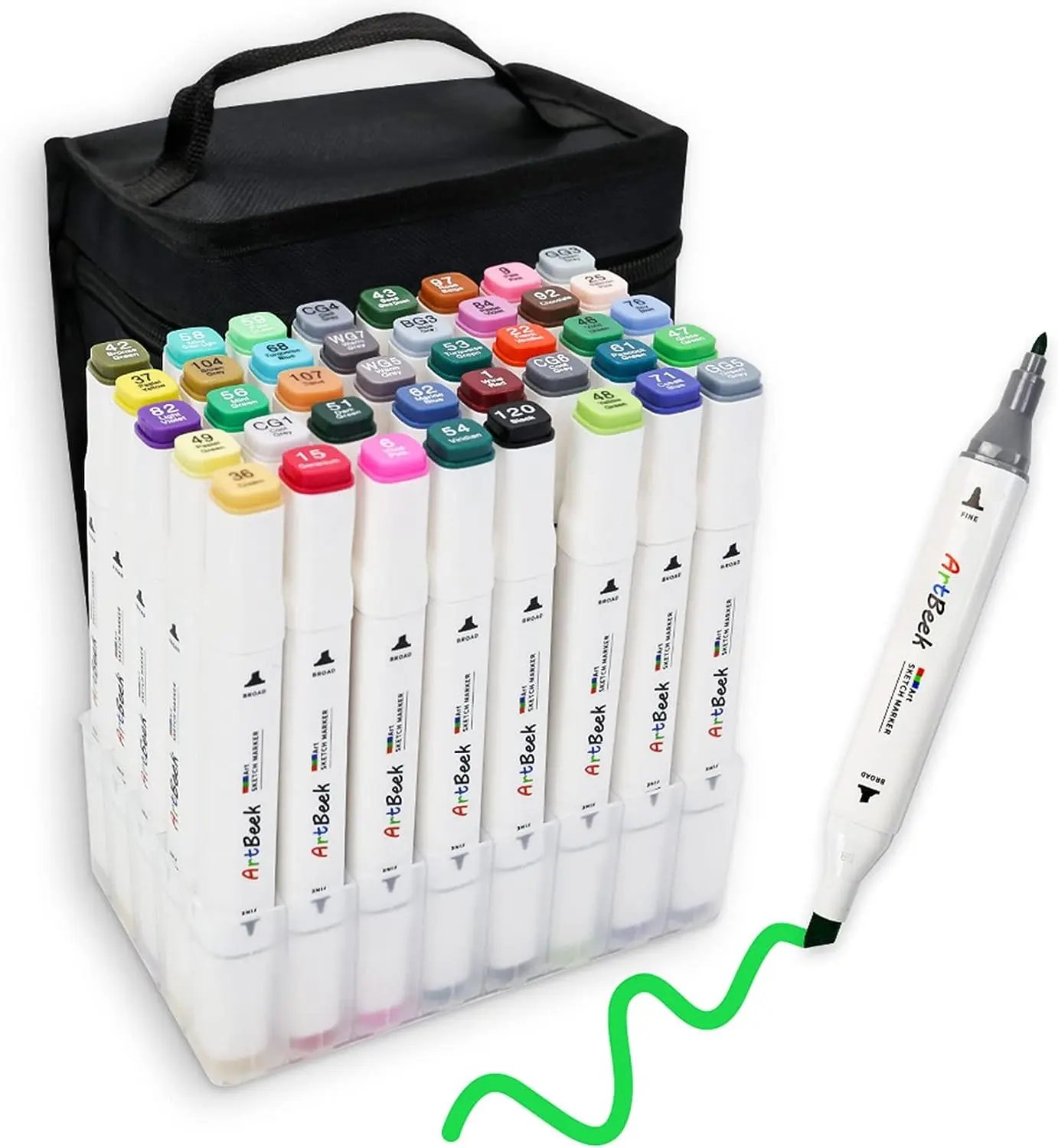 ArtBeek 40 Colors Alcohol Markers for Adult Coloring - Chisel & Fine Tip, Vibrant Colors, Fast Drying, Non-Toxic, Certified, with Color-Coded Caps and Black Carrying Case