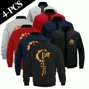 Demon Slayer Kimetsu No Yaiba Rengoku Kyojuro Flame Katana Print Bomber Jacket Men Women Streetwear Stand Collar Zipper Outerwear Anime Fan Daily Casual Coat
