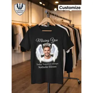 Personalized Memorial T-Shirt with Custom Photo/Text & Angel Wings Halo Print Suitable for Funeral Sympathy Gift, In Loving Memory Shirt Adults, Unisex Crew Neck Short Sleeve Remembrance, Bereavement