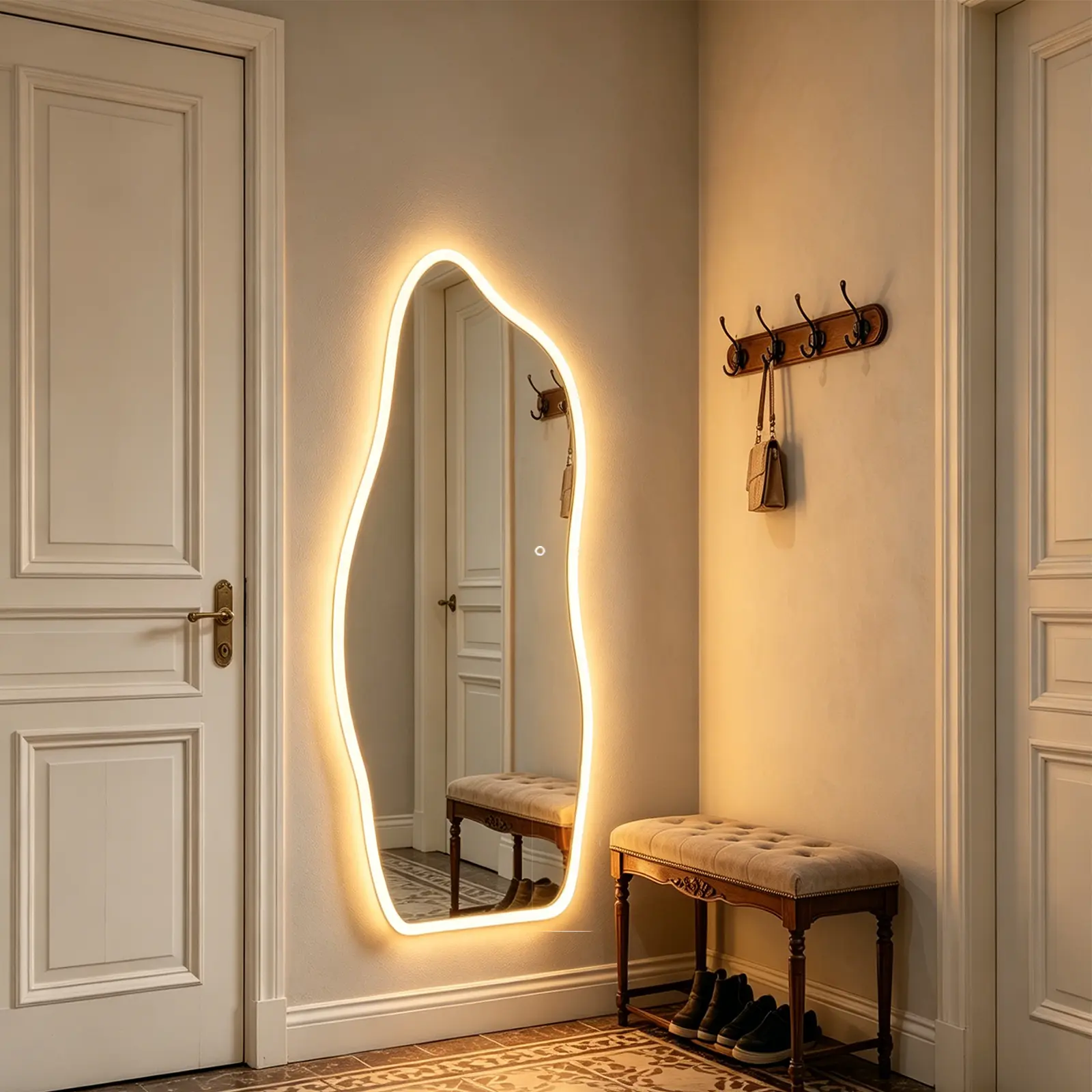 65" x 25" Irregular Shape LED Full Length Mirror, 5mm Tempered Glass Full Body Mirror with Touch Control 3 Color Adjustable Lighting, Modern Wall Mounted Dressing Mirror for Bedroom, Closet, Entryway, Vanity Area & Contemporary Home Decor