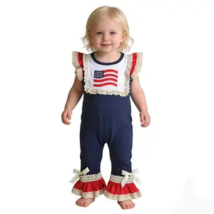 Baby Girls 4th Of July Navy Cotton Flag Embroidery Lace Flutter Sleeve Round Neck Ruffle Snaps Rompers Sleepwea