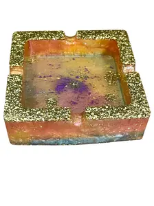 Hand-poured Gold Color Splash Ashtray - One of a Kind Square Resin Ashtray with Unique Gold Glitter Design Glam Style