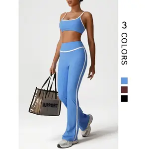 Women’s two-piece set featuring a solid racer-back cropped tank top and high-waisted flared pants; quick-drying tracksuit set for yoga, gym workouts, ladies sportswear, training clothes, summer sportswear, sports outfits, sporty-style outfits