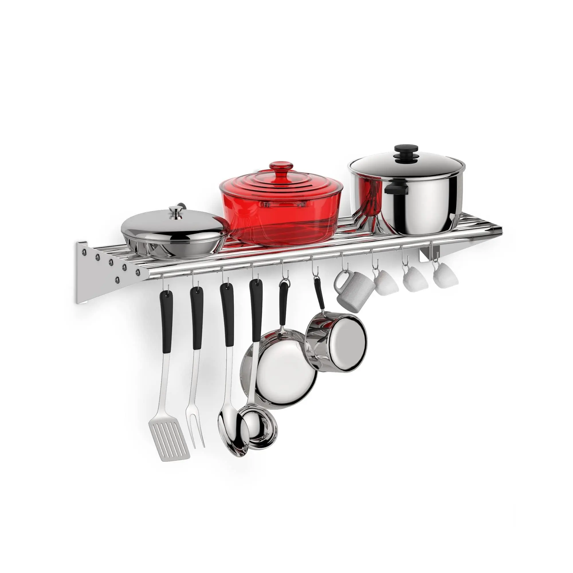 GARVEE Durable Metal Kitchen Storage Rack - 36"x12" Wall-Mounted Shelf with 10 Hangable Hooks, Side Guards Protect for Pots, Pans, Knives, Utensils, Rust Prevention Standing Shelf Units for Home Storage Solutions & Organized Setup, Heavy Duty Metal Standi