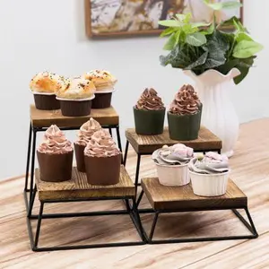 Burnt Wood & Black Metal Square Display Risers/Pizza Stands, Set of 4