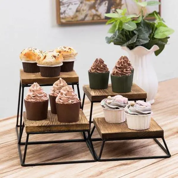 Burnt Wood & Black Metal Square Display Risers/Pizza Stands, Set of 4