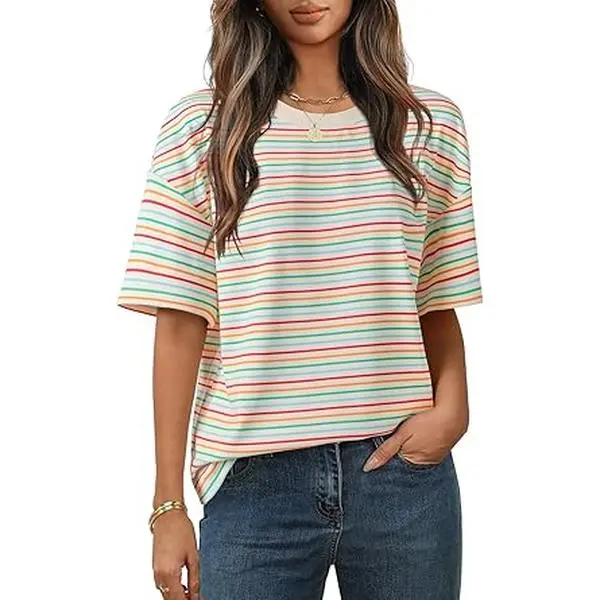 MEROKEETY Women's 2026 Summer Crew Neck Short Sleeve Rib T-Shirts, Breathable Chic Casual Work-to-Beach Wear, Loose Party Basic Blouses