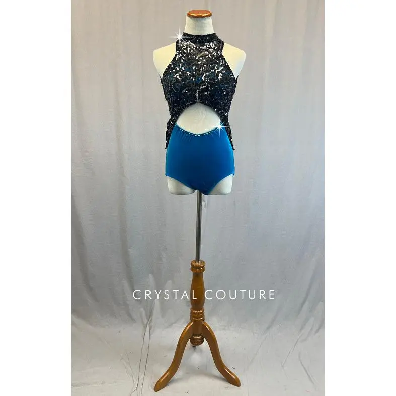 Royal Blue Velour & Black Zsa Zsa Leotard with Cutouts - Rhinestones