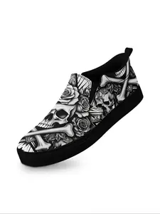 Men's Fashionable Skull & Rose Print Lace Up Sneakers, Casual Comfortable Breathable Sports Shoes, Non-slip Sneakers for Daily Wear, Closed