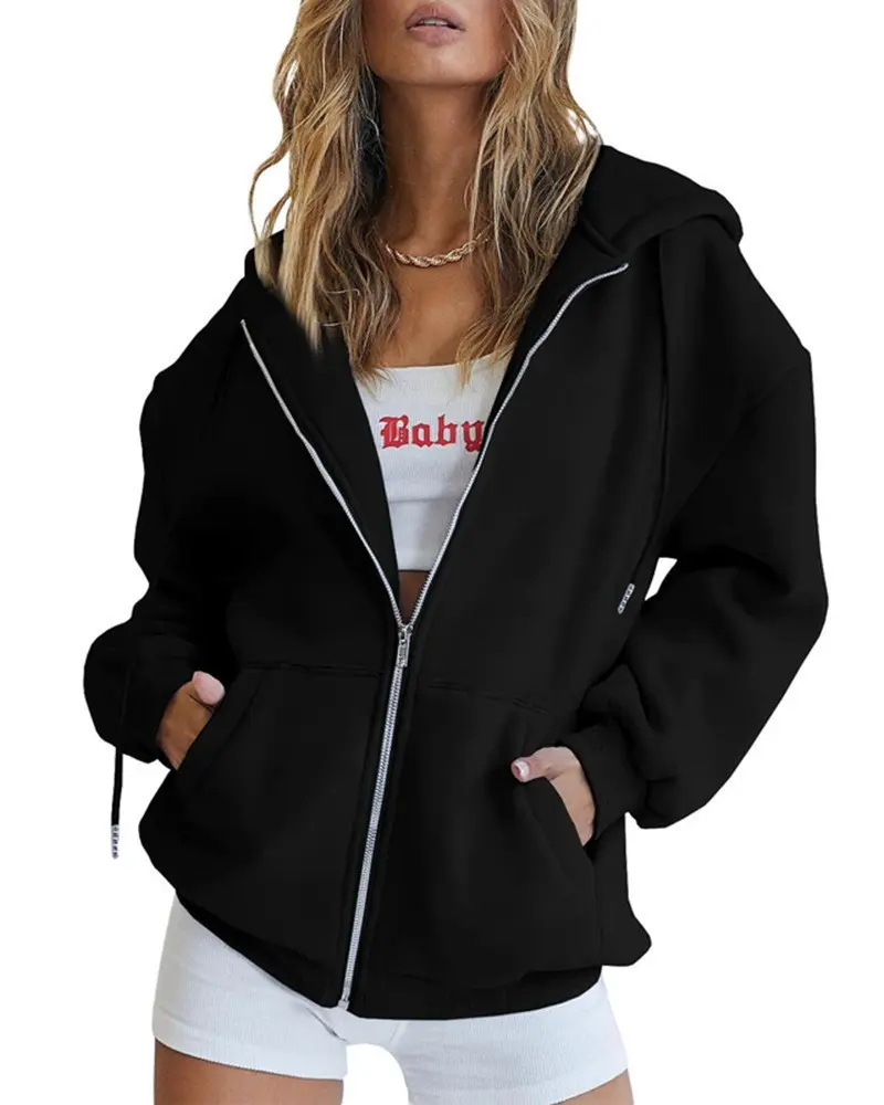 Women’s zip-up hooded sweatshirt jacket, long sleeves, casual loose fit, solid color outerwear with pockets
