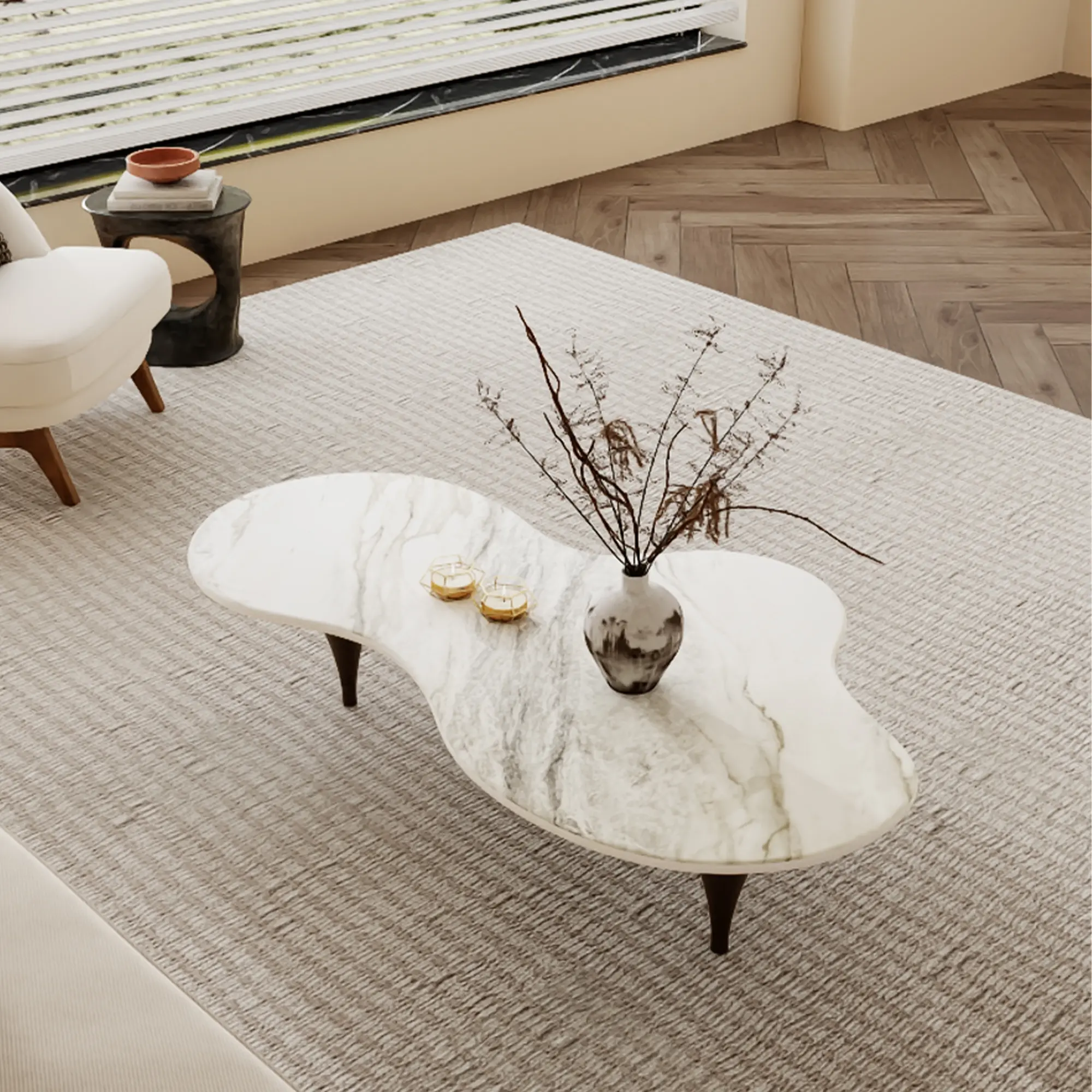 55“ Modern Glossy Sintered Stone Coffee Table with 3 Carbon Wood Legs, White Living Room Table Furniture Luxury
