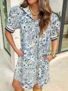 Blue Floral Print Striped Webbing Patchwork Collar Short Sleeve Mini Dress, Relaxed Fit Ensures Easy Movement and Flattering Everyday Styling.