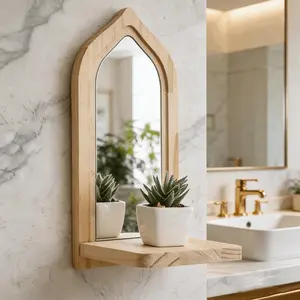 Handmade Round Wooden Makeup Mirror Shelf, Solid Wood Smooth Texture, Hollow Out Storage Wall Decor, Minimalist Stable Design, Airbnb Style Home Decor