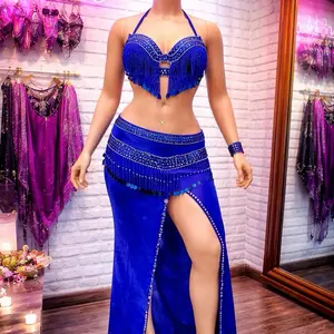 Blue Cabaret-Style Belly Dance Costume Set with Fringe and Beads for Performance