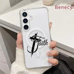 Magnetic Soft Case for  Samsung Galaxy S26 S23 Ultra S24 Plus FE S25 S22+ Cross of Faith Pattern Anti-Yellowing Shockproof ultra-thin Silicone Crystal Transparent Acrylic Large Hole Cover Supports Wireless Charging