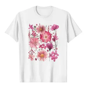 Plus Size - Women'S Plus Size Floral Print T-Shirt - Casual Short Sleeve Crew Neck, Stretchy Medium Fabric, Machine Washable, Comfort Fit for All Seasons, Vibrant Pink & White Flower Design, Everyday Comfort Apparel |   Floral Print Top |   Comfortable Fi