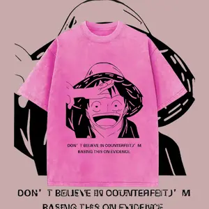 Dark Core Style Heavyweight Washed Black Oni Geisha Pattern Short Sleeve, Vintage Trendy Loose Men's Crew Neck T-Shirt