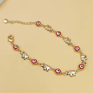 Women’s Bohemian Bracelets, Golden-Tone Chain with Elephant Motif Pendant, Red-Eyed Charm, Adjustable Size Clasp, Boho Vibe Daily Costume Jewelry Accessory