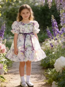Baby girl purple Floral Printed dress suitable for birthday party baptism and anniversary elegant pastoral style dress