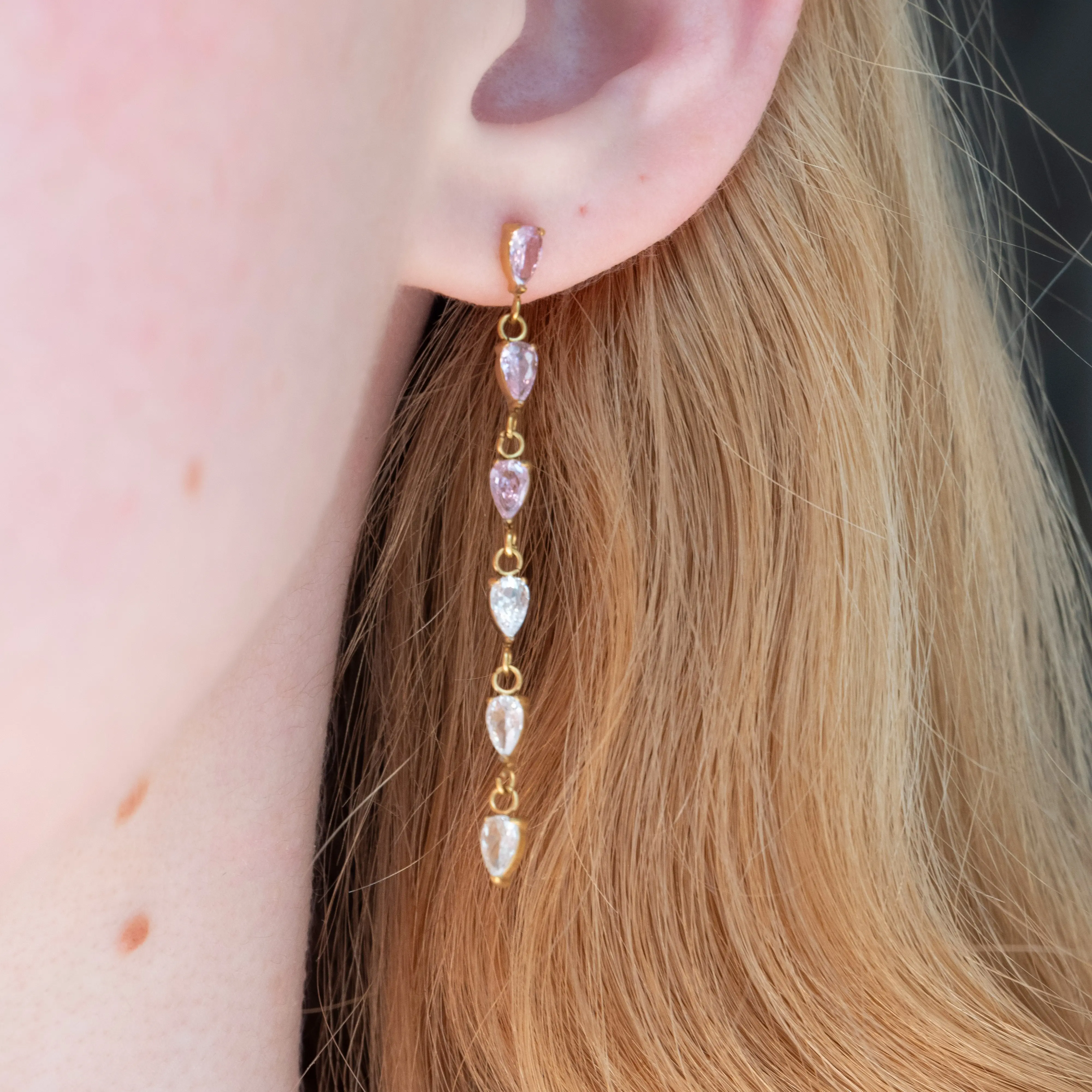 Pear Crystal Dangle Earrings | Pink and Clear | Stainless Steel Non-tarnishing Jewelry