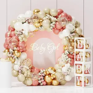 Baby Shower Decorations for Girl - Retro Pink White Gold Balloon Arch Kit,4pcs Boxes with Letters for Baby Girl Shower ,Happy Birthday Decorations,Gender Reveal Party