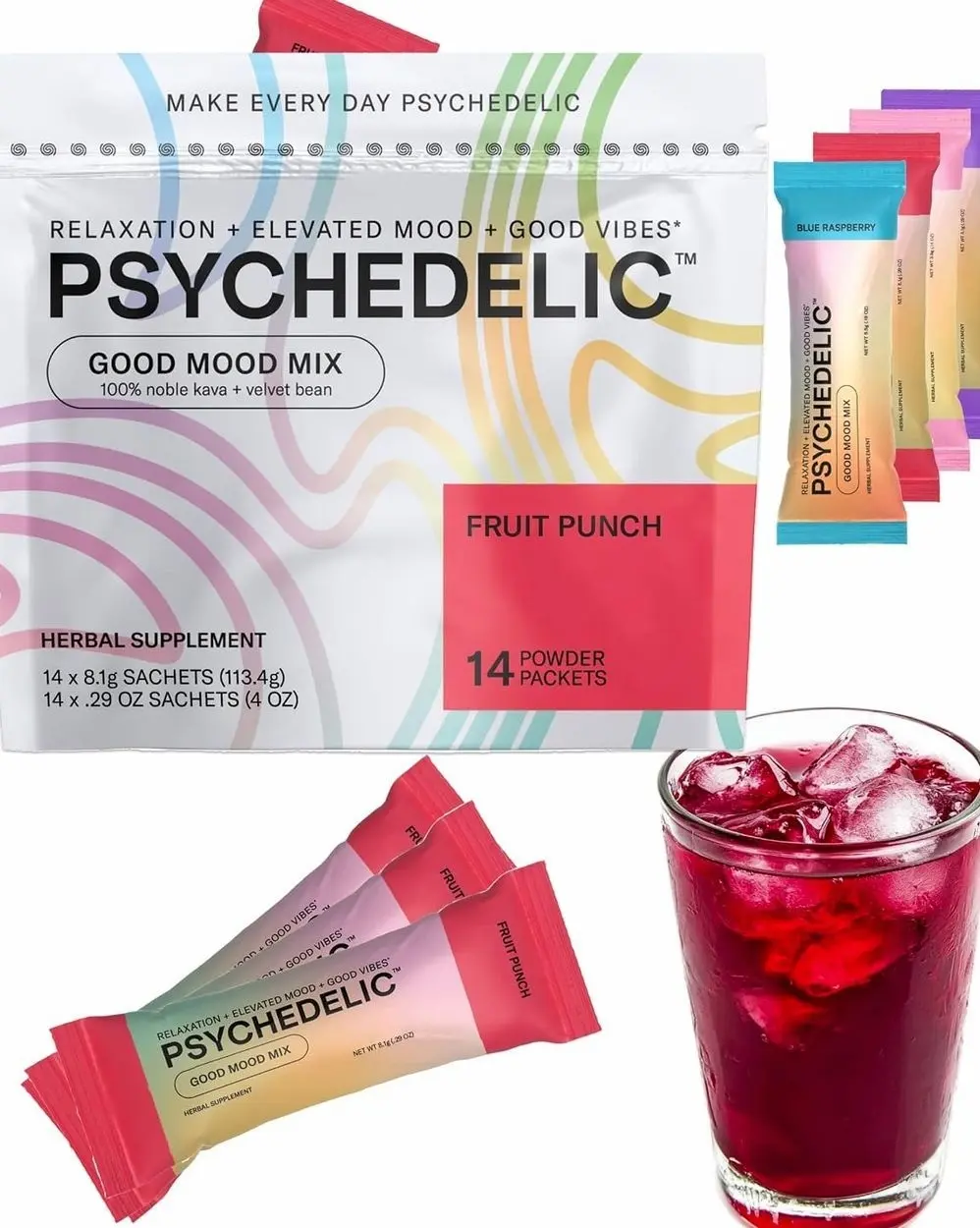Good Mood Mix - Fruit Punch - Powder Packets - Calming Kava Drink Mix - Easy Open Single-Serving - Flavored Kava Powder - Mucuna Pruriens - Stevia - Non Alcoholic Adaptogen Mocktails - 14 Stick