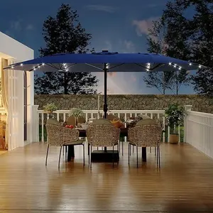 15 ft Rectangular Patio Umbrella with Base Included - Large Patio Umbrella with Crank Handle 36 LED Lights, UV Protection for Outdoor Market, Backyard, Deck, Pool,Navy Blue