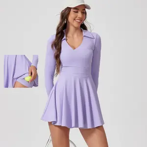 Women's Golf Tennis Dress Set - Polo Collar Long Sleeve A-Line Mini Exercise Athletic Dresses with Pockets Shorts 2 Piece Sets Outfits Clothes