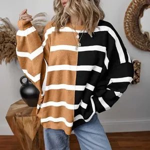 Light French Beige Colorblock Oversized Sweater - Stripe Crewneck Knitwear for Women, Casual Long Sleeve Tops