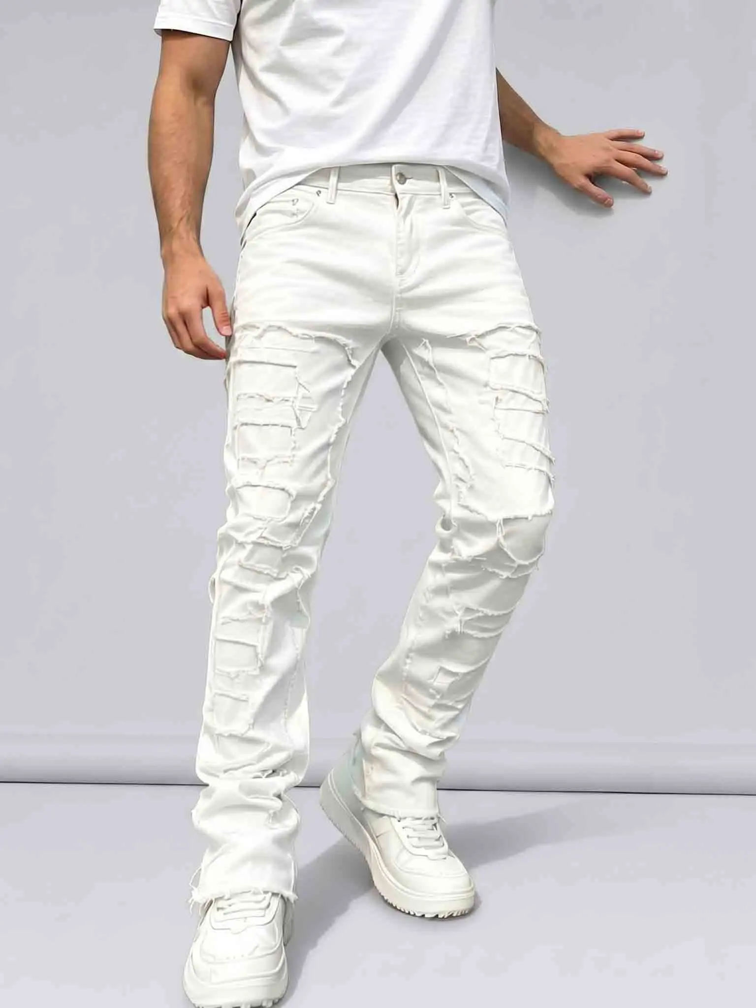 Men's White Straight Leg Stacked Jeans - Menswear, Heavy Distressed Patchwork Raw Hem, Stretch Denim Cotton Elastane Polyester Blend, Pocketed Trousers, Beige Option, Retro Style 90s Grunge Classic Jeans, All Season Gen X Streetwear, Slim Straight