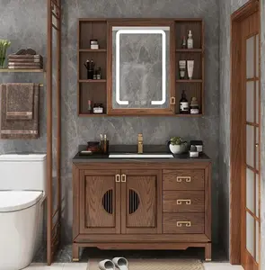 Elegant Vintage Oak Bathroom Vanity with Ceramic Sink and Slate Countertop