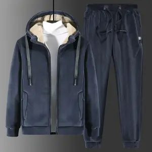 Men's Silver Fox Velvet Hooded Sweatshirt & Lamb Velvet Sweatpants Casual Two-piece Set Warm Plaid Tracksuit