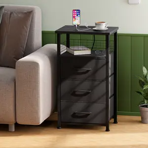 (2-Piece Set) LED Side Table with Charging Station, Nightstand with 2 USB Ports and Power Outlet, Nightstand with Upholstered Drawer, Ideal for Living Rooms and Bedrooms, Black【Summervibes】