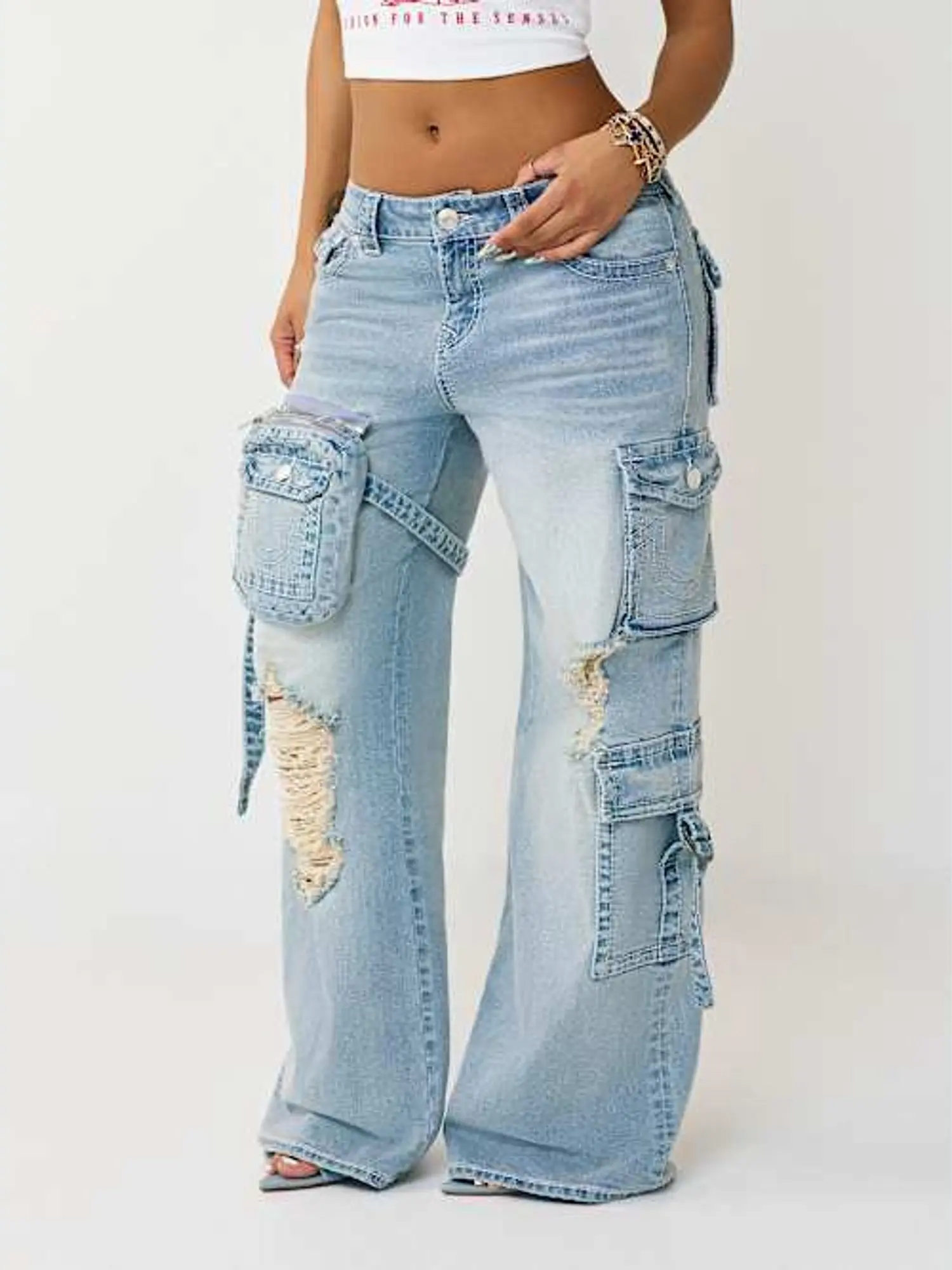 True Religion Women's Bobbi Mid-Rise Baggy Jeans with Detachable Cargo Pockets, Women's Bottoms for All Seasons, Flattering Fit, Detachable Pockets