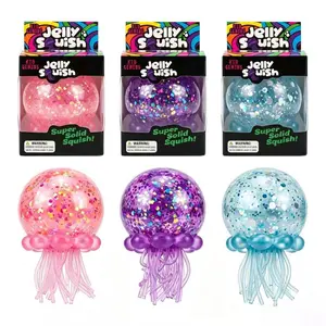 KIDGENIUS Premium Quiet Jellyfish Squeeze Stress Ball 3-Pack, Glittery Squishies Anxiety Fidgets FX Sensory Toy Squishy for Sensory Relief, Office Toys for Grown Ups & Teens