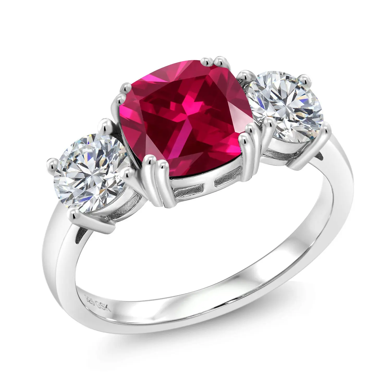 925 Sterling Silver Red Created Ruby and Lab Grown Diamond Engagement Ring For Women | 3.50 Cttw | Cushion 8MM | Gemstone July Birthstone | Available in Size 5,6,7,8,9
