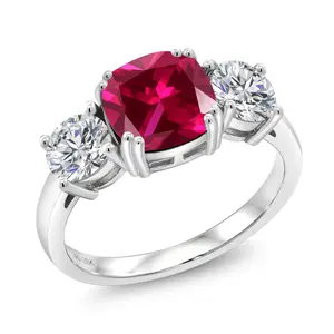 925 Sterling Silver Red Created Ruby and Lab Grown Diamond Engagement Ring For Women | 3.50 Cttw | Cushion 8MM | Gemstone July Birthstone | Available in Size 5,6,7,8,9