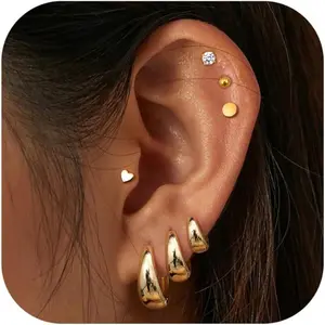 Chunky Gold Hoops Earrings for Women Hypoallergenic - 7 Pairs Surgical Stainless Steel Flat Back Stud Hoop Gold Earring Stack Small Cartilage Earrings Sets for Multiple Piercing