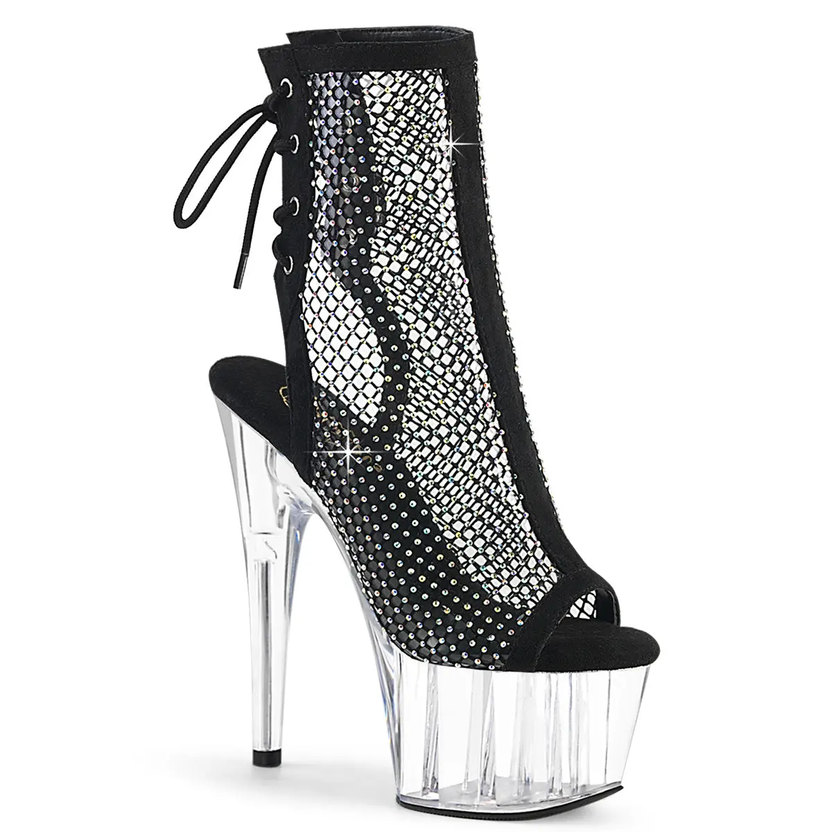 Women's Suede & Rhinestone Mesh Open-Toe Platform Ankle High Heels - Lace-Up Back, 7 In Stiletto Footwear for Nightclub Performers, Fashion, Zipper, Pole Fitness, 7-Inch Stiletto Heel, Exotic Dancers, Sparkly Platform Heels Wedges & Flatform