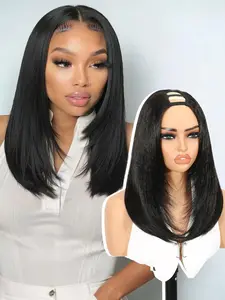 Yaki Straight Layered U Part Wig, V Part Bob Half Wigs for Women, Short Glueless, Natural Looking, Heat Resistant, Synthetic Machine Wigs