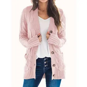 Ladies' cardigan Seasonal Staple, Women's Plus Size Casual Knit Cardigan - Long Sleeve, Button-Up, Solid Color with Pockets, Cotton Blend, Machine Washable - Perfect for Fall/Winter