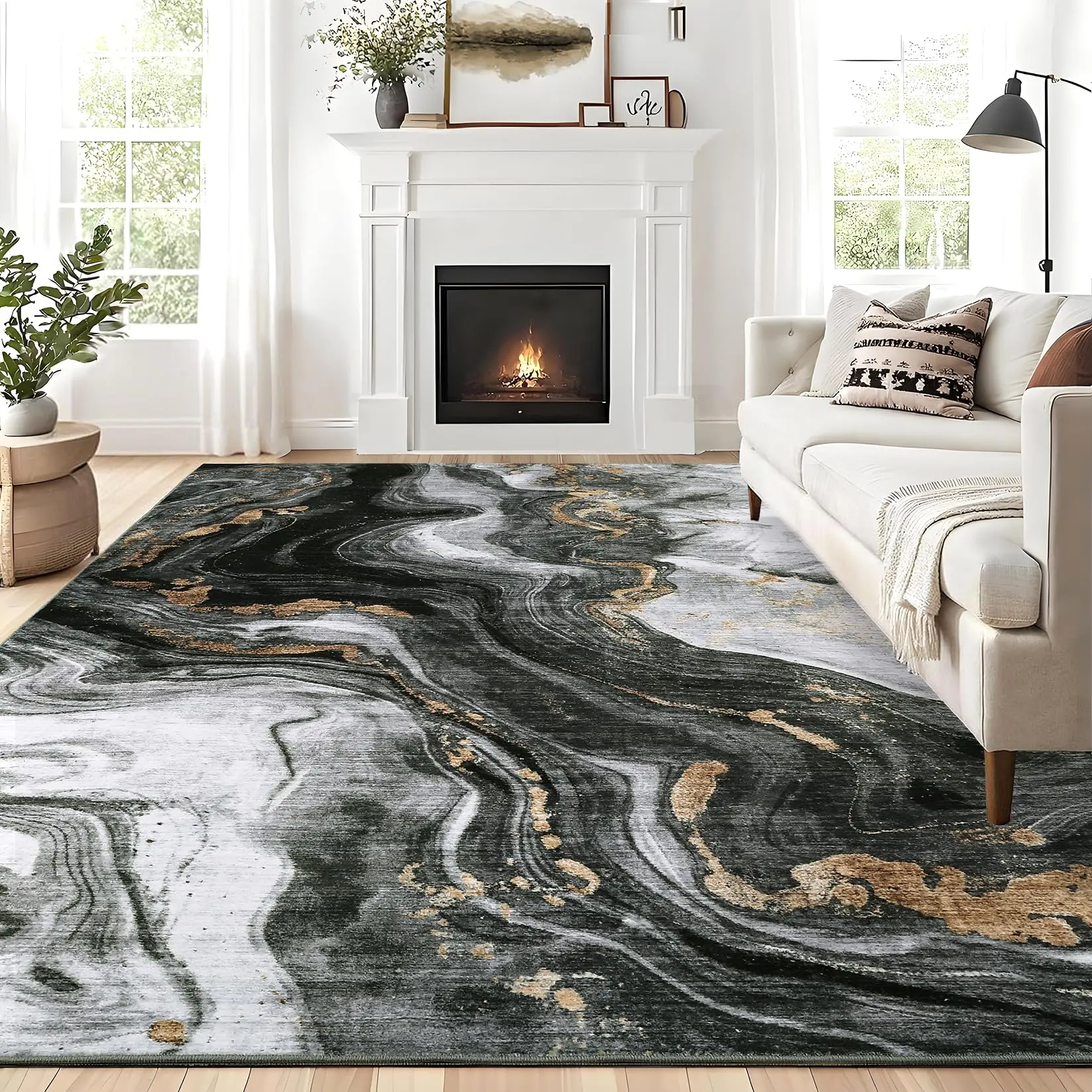 GARVEE Modern Washable Rugs 5x7 Neutral Abstract Throw Rugs, Non-Slip Abstract Accent Carpet with Marble Swirl Pattern, Stain-Resistant Low Pile Indoor Carpet Rug for Living Room, Bedroom, Black