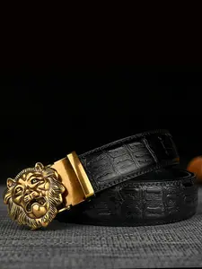 Men's retro style business belt with lion head relief, 3.5cm/1.38in wide black coffee embossed belt, adjustable length, suitable for Halloween gifts, daily commuting, parties and dances.