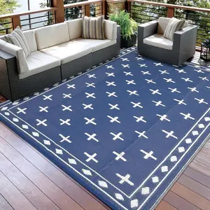 GAOMON Geometric Outdoor Rug 9x12, Reversible Waterproof Plastic Straw Area Mat for Patio, RV Awning, Garden, Deck, Balcony, Camping and Beach,Dark Blue
