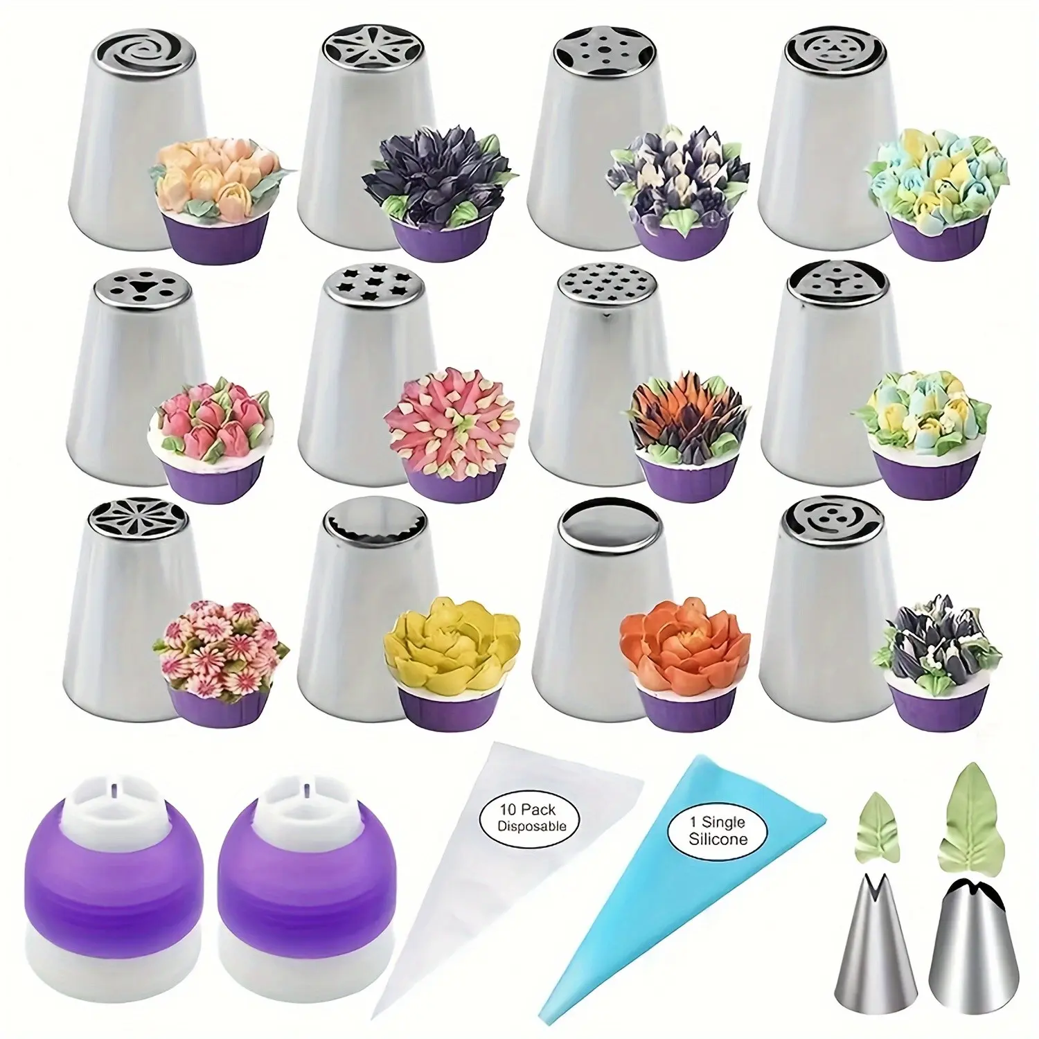 27pcs Cake Decorating Kit, Stainless Steel Baking Tools, Nozzle Set, 12 Icing Tips, 2 Leaf Tips, 2 Nozzle Adapters, Reusable Blue Piping Bag, Pastry Decorating Tools, Home Baking Supplies, Baking Accessories