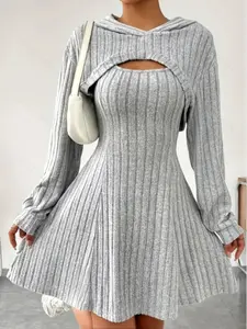 Women's Short Hooded Long Sleeve Dress Set, Casual Daily Wear, Perfect for Travel & Vacation, Stylish Women's Clothing, Womenswear